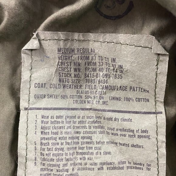 US Army Coat Cold Weather Camouflage Jacket Mens Medium M65 Military Hood - Picture 11 of 14